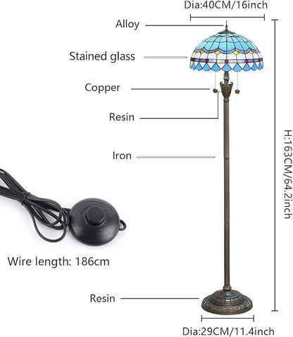 Tiffany Floor Lamp Blue Mediterranean Style Stained Glass Floor Light Bright Lighting Rustic Standing Lamp Vintage Unique Bronze Reading Corner Lamp for Home Decor Living Room Bedroom 16X16X64 Inches