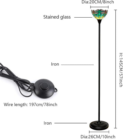 Tiffany Floor Lamp Tochiere Standing Green Dragonfly Style Stained Glass Floor Light Vintage Tall Pole Uplight Lamp Rustic Corner Lamp with Foot Switch for Home Decor Living Room Bedroom