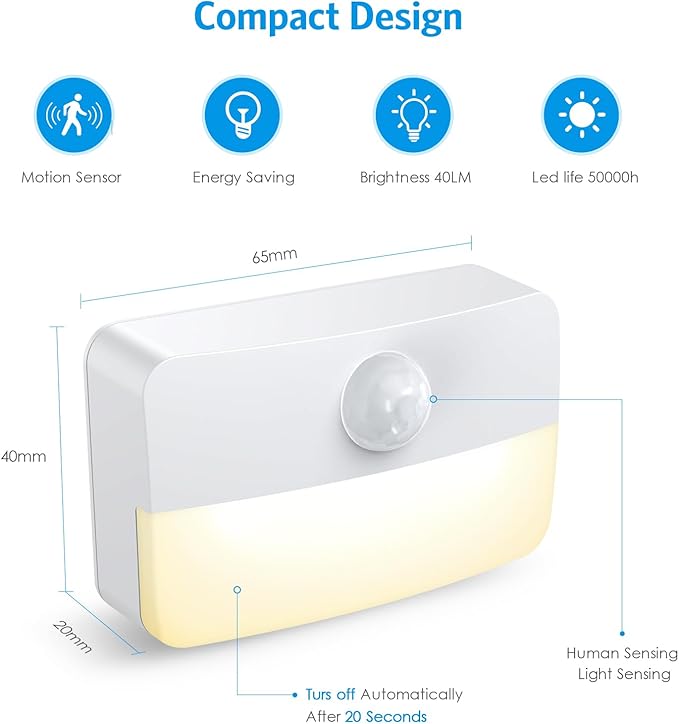 AMIR Motion Sensor Stair Lights for Indoor, 12 Pack Battery-Operated LED Night Light, 40 Lumen 3000K, Cordless Closet Light, Tap Light, Safe Lights for Stairs, Hallway, Bathroom, Cabinet, Kitchen