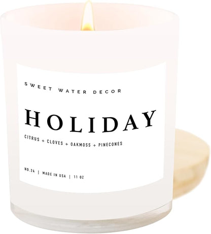 Sweet Water Decor Holiday Soy Candle - Citrus, Cloves, Black Dahlia Petals, Pine Cones and Oakmoss Holiday Scented Candles for Home - 11oz White Jar + Wood Lid, 50+ Hour Burn Time, Made in The USA