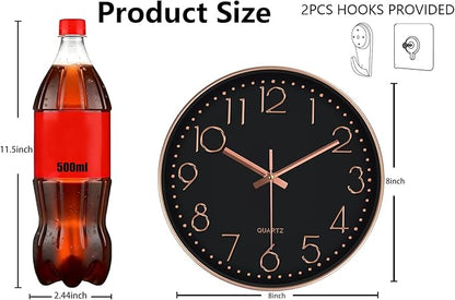Silent Wall Clocks Battery Operated 8 Inch, Analog Wall Clock with Oversized Number Tempered Glass Clock Face, Non Ticking Wall Clocks for Living Room Bedroom Kitchen Office, Black Rose Gold