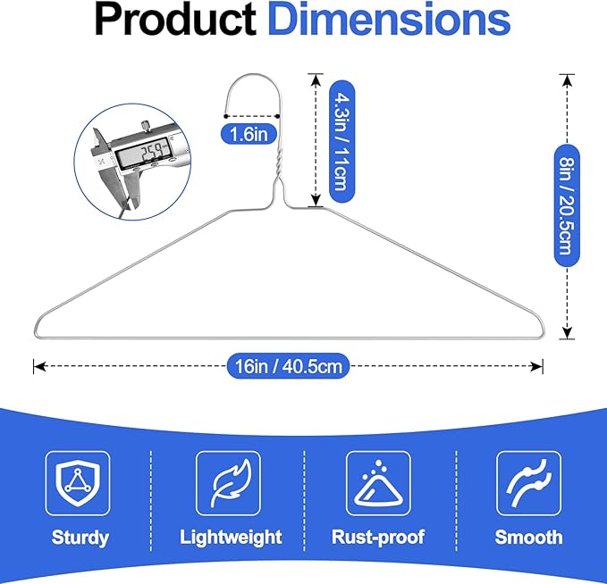 Wire Metal Hangers Bulk 100 Pack, Clothes Hangers Heavy Duty for Coats, Suits, Shirts, Pants, Skirts, Space Saving, Non Slip, Ultra Thin, 16 Inch, Silver