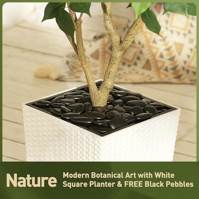 5ft Tall Artificial Ficus Tree in White Planter with Pebbles | UV Resistant Faux Tree for Indoor & Outdoor | Realistic Floor Plant Decor for Home, Office (VN128)