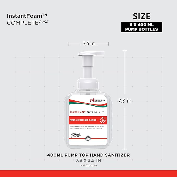 SC Johnson Professional InstantFOAM Complete PURE Foaming Hand Sanitizer, 400mL Pump, 6 Pack, for Professional Use Only