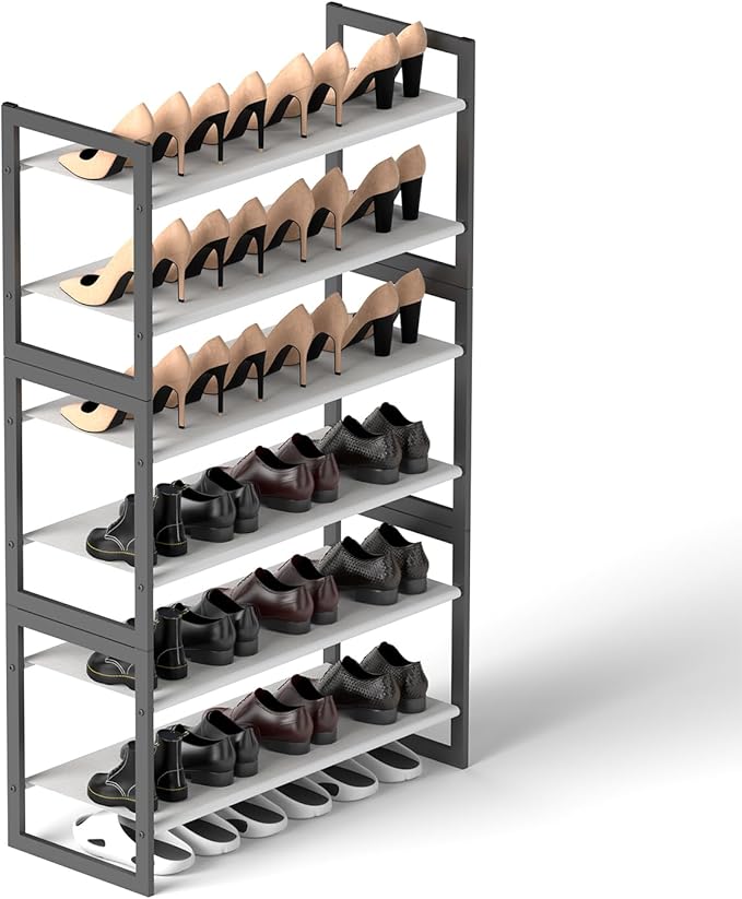 Shoe Rack for Closet & Entryway, Stackable 6-Tier Shoe Organizer, Welded Metal Frame, Semi-Assembled Fast Setup, 11.8" Deep Non-Woven Shelves, Space-Saving Shoe Storage, Black