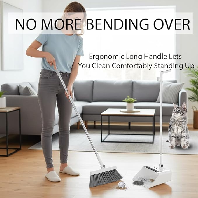 Upgrade Broom with Dustpan Combo Set，Long Handle Self-Cleaning Dust Pan and Brush Set 4-Row Dense Bristles，Indoor Broom Set (White)