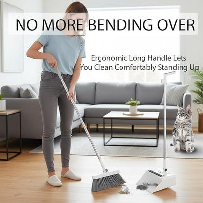 Upgrade Broom with Dustpan Combo Set，Long Handle Self-Cleaning Dust Pan and Brush Set 4-Row Dense Bristles，Indoor Broom Set (White)