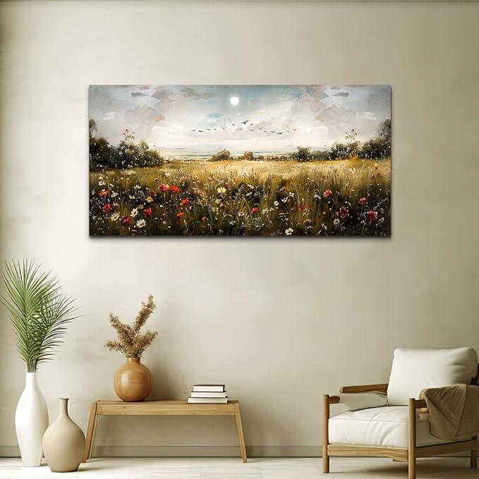 Wapluam Large Wall Art Living Room Wall Decor for Bedroom Wildflower Field Vintage Wall Art Canvas Prints Paintings Farmhouse Artworks Pictures Modern Aesthetic Home Wall Decoration Ready To Hang