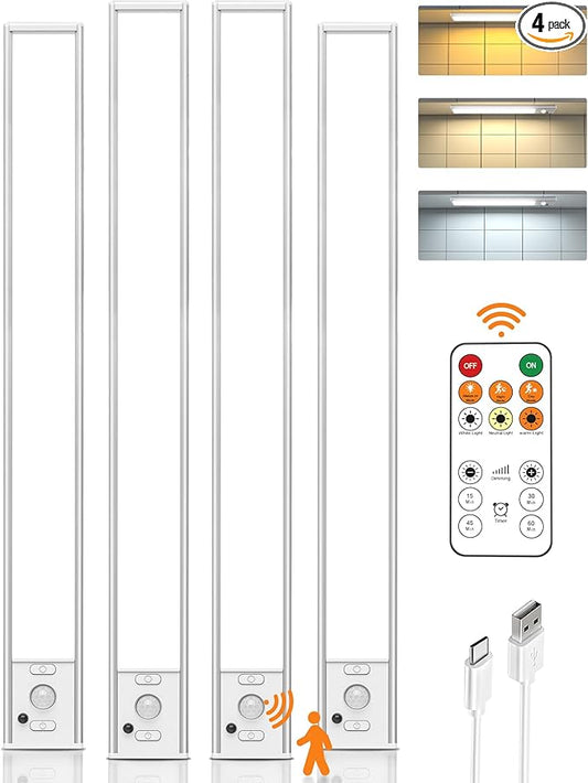 Under Cabinet Lighting Wireless,16 inch LED Motion Sensor Light Indoor, USB Rechargeable Closet Lights with Remote Control, 3 Color Temps Under Counter Lights for Kitchen, Wardrobe, Stairs, 4 Pack