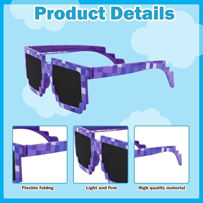 36 Pack Pixel Sunglasses Bulk, 6 Colors Pixelated Mosaic Gamer Glasses Party Favors, Gamer Robot Pixelated Sunglasses for Kids Adults Boys Girls Birthday Photo Props Party Supplies
