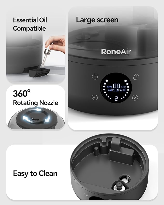 Humidifiers for Bedroom Large Room Home, 3L Cool Mist Humidifiers for Baby Nursery & Plants, Ultrasonic, Oil Diffuser, Timer, Auto Shut-Off, 360° Nozzle, 26dB Quiet, Automatic Mode