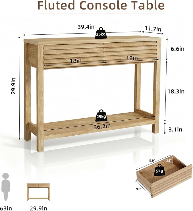 BREEZEHEAT 40" Fluted Console Table with 2 Drawers, Modern Wood 2 Tier Entryway Table with Storage Shelf, Narrow Sofa Table Behind Couch Accent Table for Entrance Foyer, Hallway, Living Room, Natural