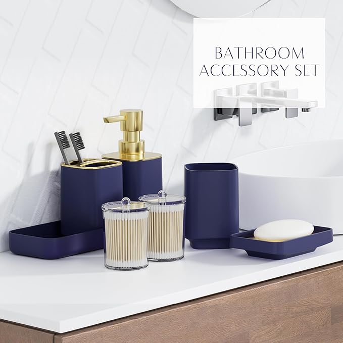 9PCS Bathroom Accessory Set, Navy Blue Bathroom Set with Large-Capacity 4 Gallon Trash Can, Bathroom Accessories Set Complete Toothbrush Holder, Soap Dispenser, Toilet Brush, Bathroom Decor