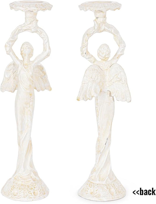Sungmor Vintage Cast Iron Angel Candlestick Holder – 22.6” Antique Gothic Candle Stand for Home Decor, Taper & Pillar Candles, Distressed White Decorative Centerpiece