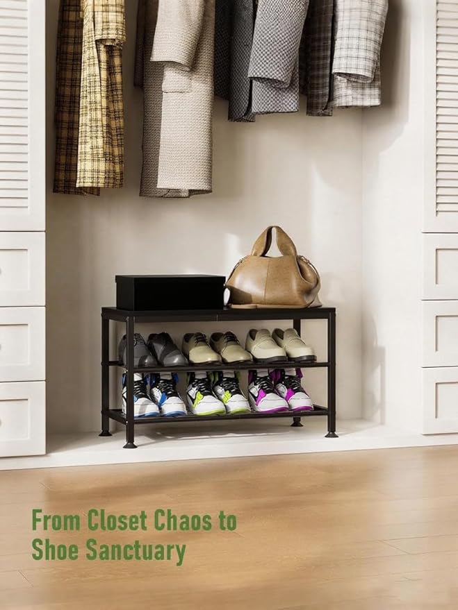 3-Tier Shoe Rack Bench - Entryway Organizer with Shoe Storage, Sturdy Shoe Shelf for Front Door, Small Space Saving Furniture, Black, 27.2" x 12.0" x 15.9"