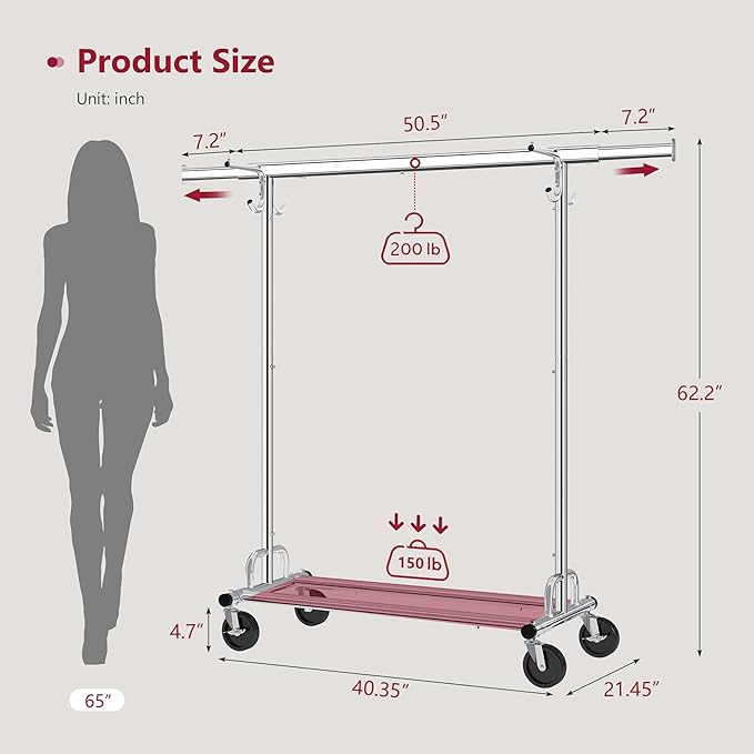 Tajsoon Clothes Rack with Cover, Heavy Duty Clothing Rack with Sturdy Wheels Load 350 LBS, Rolling Garment Racks with Extendable Hanging Rod & 4 Hooks, Chrome