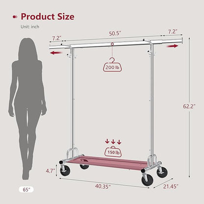 Tajsoon Clothes Rack with Cover, Heavy Duty Clothing Rack with Sturdy Wheels Load 350 LBS, Rolling Garment Racks with Extendable Hanging Rod & 4 Hooks, Chrome