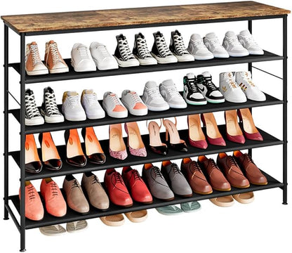Shoe Rack Organizer 5 Tier Long Metal Organizer Shelf with Industrial MDF Board and Layer Fabric for Entryway Closet Bedroom Living Room Garage,Black & Rustic Brown