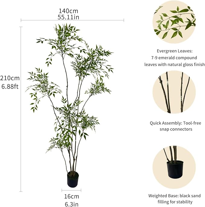 Artificial Nandina Domestica Tree, 7ft Tall Indoor Plant, Potted Faux Greenery with Natural Stems