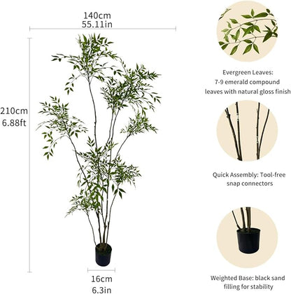 Artificial Nandina Domestica Tree, 7ft Tall Indoor Plant, Potted Faux Greenery with Natural Stems