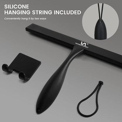 Shower Squeegee for Glass Doors, 11-Inch Silicone Squeegee with Non-Slip Handle and Adhesive Hook for Bathroom, Mirror, Tile, Car Window (Black)