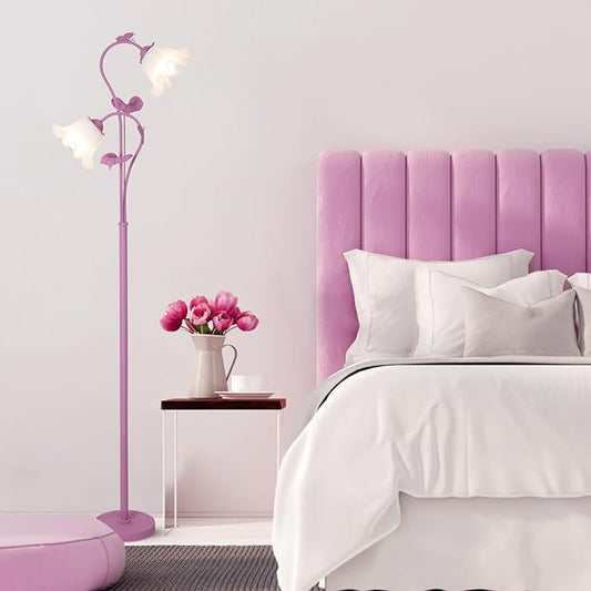 HMVPL Purple Floral Floor Lamp, Girls Flower Floor Lamp for Bedroom, Cute Lotus Standing Lamp with 2 LED 5W Blubs, Foot Switch, Unique Flower Tall Lamp for Living Room Kids Nursery Bedside Corner