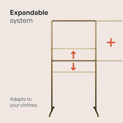 pamo Gold Clothing Rack – 76.77" W x 76.38" H – Industrial Pipe Metal Garment Organizer for Bedroom or Retail – Heavy-Duty Clothes Rack – Easy Assembly
