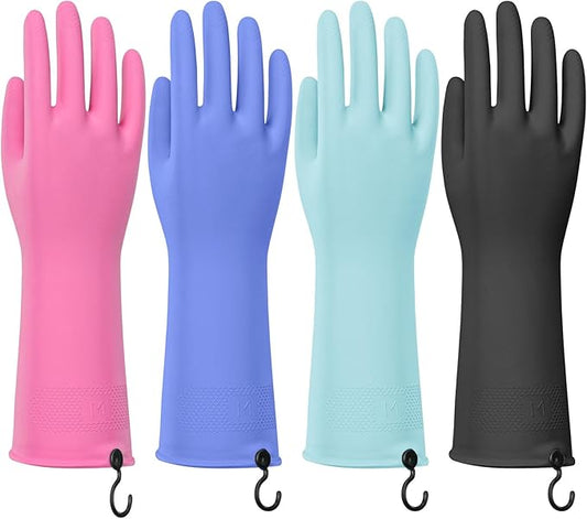 Dishwashing Gloves for Kitchen, 4 Pairs Rubber Cleaning Household Dish Washing Latex Glove with Hanging Hook(Large)