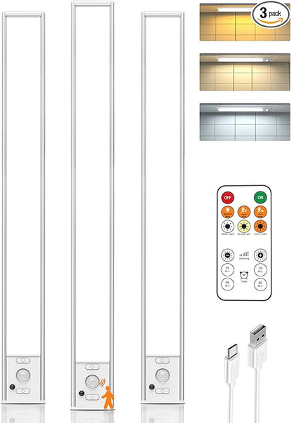 16in Under Cabinet Lighting with Remote, 160 LED Motion Sensor Light Indoor, 4000mAh USB Rechargeable Closet Lights Wireless, 3 Color Temps Under Counter Lights for Kitchen, Pantry, Stair, 3 Pack