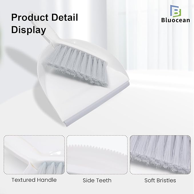 Mini Broom and Dustpan, Plus an Adhesive Hook Set, 7" Dustpan Opening, Bristles for Hair and Small Debris, Mini Portable Hand Brush for Pet, Sofa, Desk, Kitchen(White & Puff Gray)
