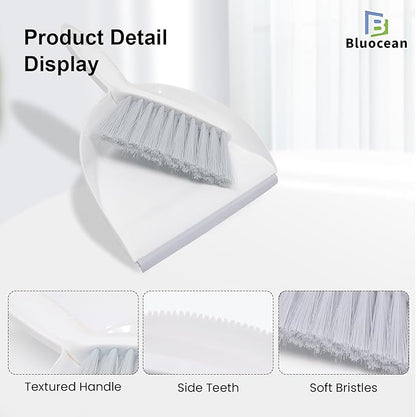 Mini Broom and Dustpan, Plus an Adhesive Hook Set, 7" Dustpan Opening, Bristles for Hair and Small Debris, Mini Portable Hand Brush for Pet, Sofa, Desk, Kitchen(White & Puff Gray)