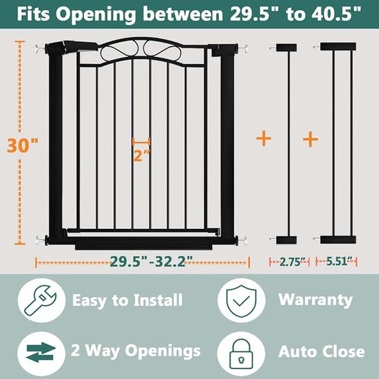 Fairy Baby 29.5"-40.5" Extra Wide Baby Gate, Pressure Mount Long Dog Gates for House Stairs Doorways, Auto Close Metal Safety Child Gate with Door No Drilling, Tension Pet Gate Indoor, Black