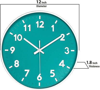 JENLYSTIME 12 Inch Modern Indoor Outdoor Wall Clock,Round Bright Colorful Dial,Non Ticking Silent Quartz Battery Operated Wall Clocks,Easy to Read Simple Style Decor Clock for Bedroom,Kitchen(Teal)
