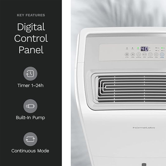 hOmeLabs 40 Pint Dehumidifier with Pump for up to 6,000 Sq Ft Rooms (MAX 104 Pint at 95°F, 90% RH) – Powerful Moisture Removal for Medium to Large Rooms and Basements