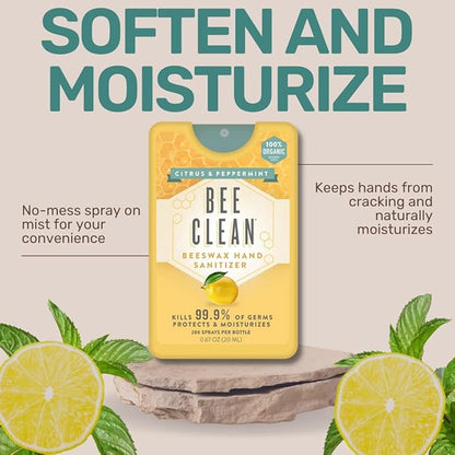 Organic Beeswax Hand Sanitizer Spray - 4-Pack (Citrus Peppermint), Travel Size Mist Spray with Organic Ethyl Alcohol, Moisturizing and Refreshing with Essential Oils, Non-Toxic, Made in USA