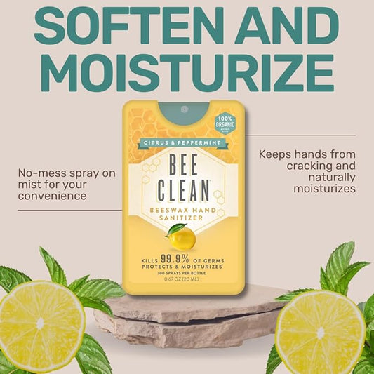 Organic Beeswax Hand Sanitizer Spray - 4-Pack (Citrus Peppermint), Travel Size Mist Spray with Organic Ethyl Alcohol, Moisturizing and Refreshing with Essential Oils, Non-Toxic, Made in USA