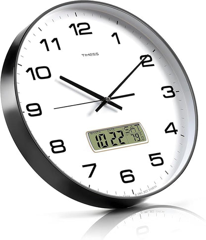 Wall Clock, 13" Dial Non-Ticking Silent Battery Operated Analog with LCD Display for Perpetual Calendar and F° Temperature, Ideal Modern Home, Bedroom, Kitchen, Office Decor(Black)