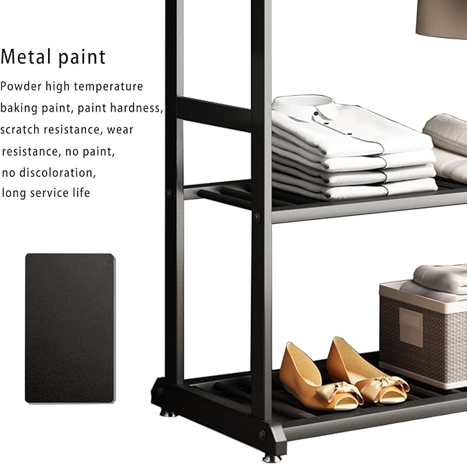 Heavy duty clothes rack,Metal Clothing rack for hanging clothes,garment rack with bottom shelves and 6 side hooks for bedroom cloakroom(black, L:39.4)