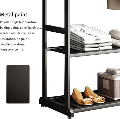 Heavy duty clothes rack,black Clothing rack,metal Garment rack with bottom shelves and 6 Side Hooks for Hanging Clothes, Coats, Shirts(L:31.5IN)