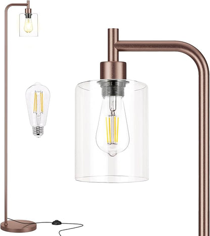 Floor Lamps for Living Room - Industrial Standing Lamp with Glass Shade, Modern Floor Lamp with LED Bulbs, Farmhouse Floor Lamp for Bedroom, Tall Lamp for Office - Brown
