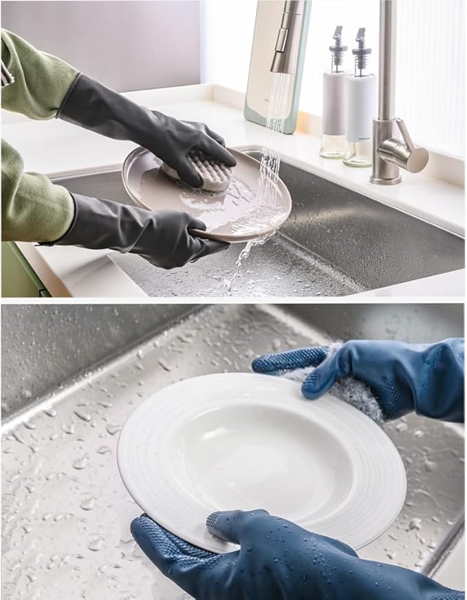 HOMSSEM Dishwashing Gloves with Hanging Hooks 2Pairs of Dish Gloves Latex Navy, Gray Rubber Gloves for Cleaning