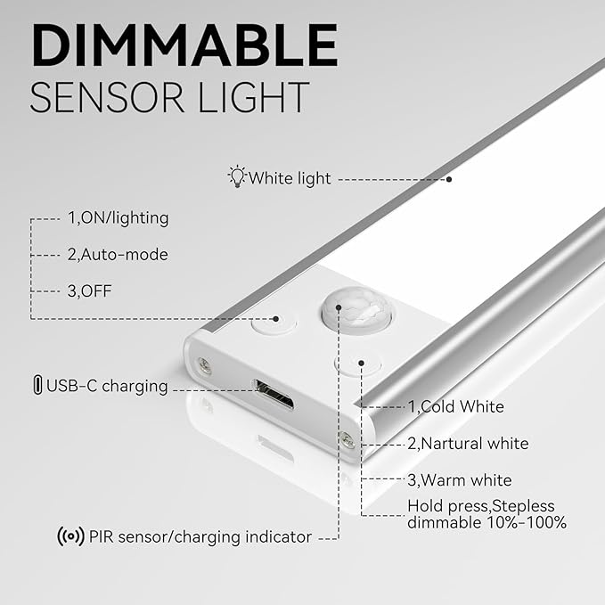 Under Cabinet Lighting, 3 Color Magnetic Motion Activated Under Cabinet Lights, Rechargeable Closet Lights 1800mAh Battery Operated, Wireless Dimmable Under Counter Lights for Kitchen,Hallway 2 Pack