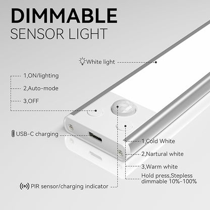 Under Cabinet Lighting, 3 Color Magnetic Motion Activated Under Cabinet Lights, Rechargeable Closet Lights 1800mAh Battery Operated, Wireless Dimmable Under Counter Lights for Kitchen,Hallway 2 Pack