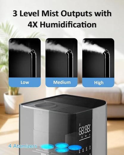 Humidifier Large Room,26L/6.8Gal Whole House Humidifiers for Bedroom Home 3000 sq.ft,1800ml/H,Commercial and Industrial Humidifiers with 360° Nozzle & Extension Tube,Top Fill,Gray