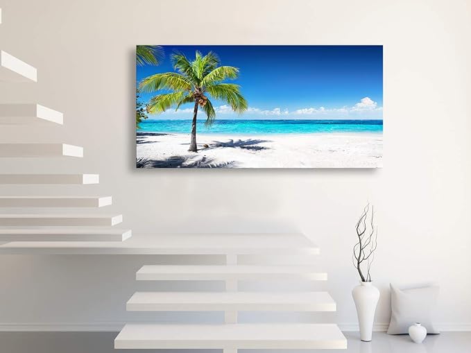 Baisuart Large Canvas Wall Art Summer Ocean Waves Coconut Trees on Sands Beach Seascape Painting Sea Nature Pictures for Living Room Home Office Wall Decor Artwork XXLarge 30x60inch