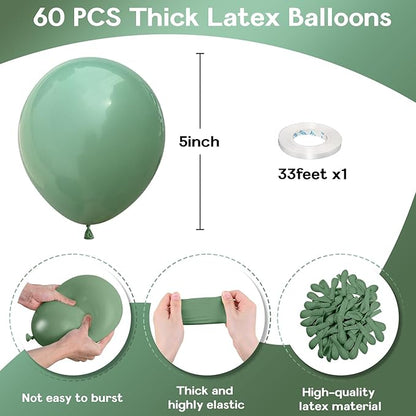 Sage Green Balloons 5 Inch, 60 Pcs Small Eucalyptus Olive Vintage Green Balloon 5'', Mini Matte Dusty Dark Avocado Green Latex Balloons for Birthday Boho Baby Shower Wedding Party Decorations