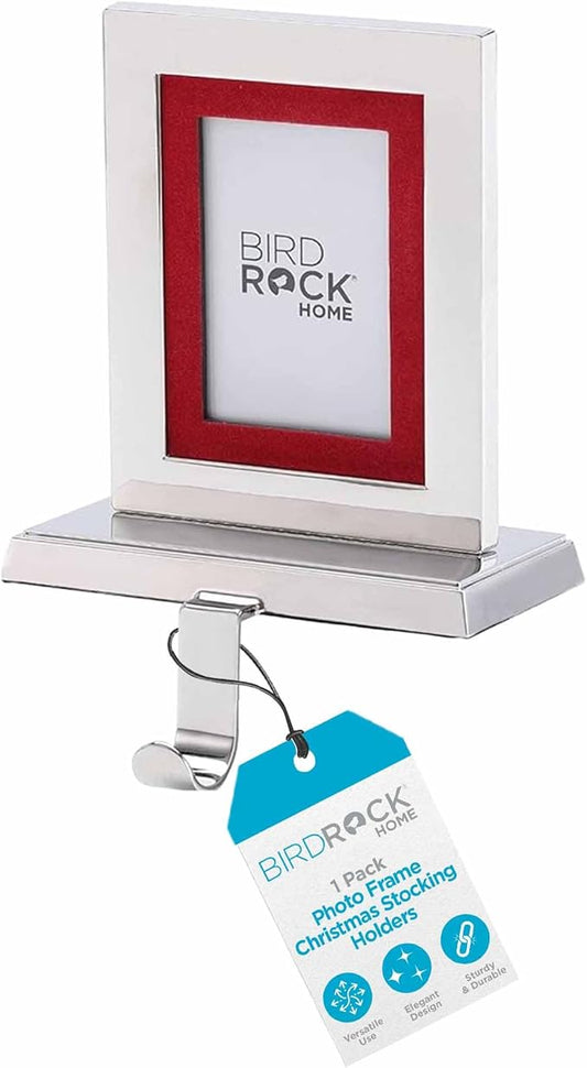 BIRDROCK HOME Photo Frame Stocking Holder - 1pk - Holiday Greetings Mantle Fireplace Topper - Decorative Christmas Stocking Holder - Stainless Steel