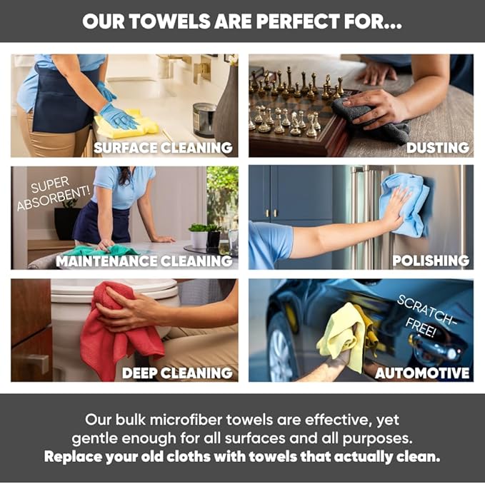 Bulk 12” X 12” All Purpose Microfiber Towels Wholesale - Case Quantity (400 Count) | No Fraying | High Density Microfiber | Zero Chemical Cleaner | Long-Lasting (Red)