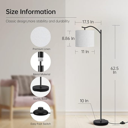 BoostArea Modern LED Arched Floor Lamp with Natural Linen Shade, 3 Brightness Levels, E26 Socket, Footswitch, 63-inch Tall, White