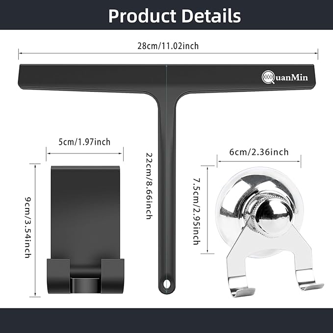 Squared Shower Squeegee with Hook, 11 inch Stainless Steel Silicone Core All-Purpose Household Window Mirror Cleaner Tool Bathroom Squeegee for Glass Doors,Car Cleaning,Tile Wall,Black